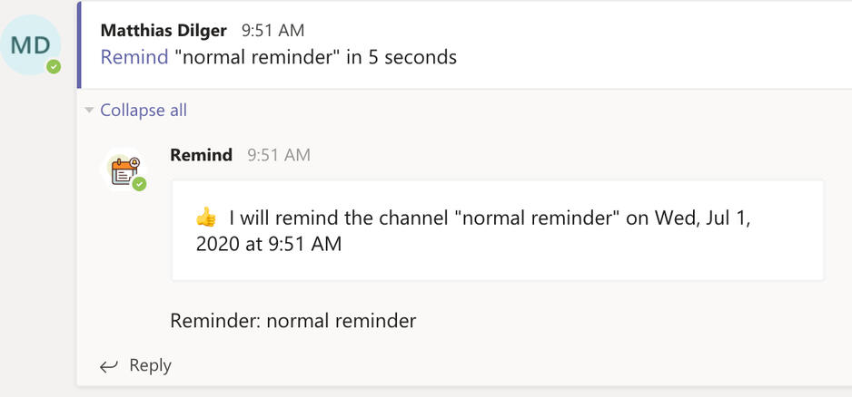 Remind continues the channel conversation by default