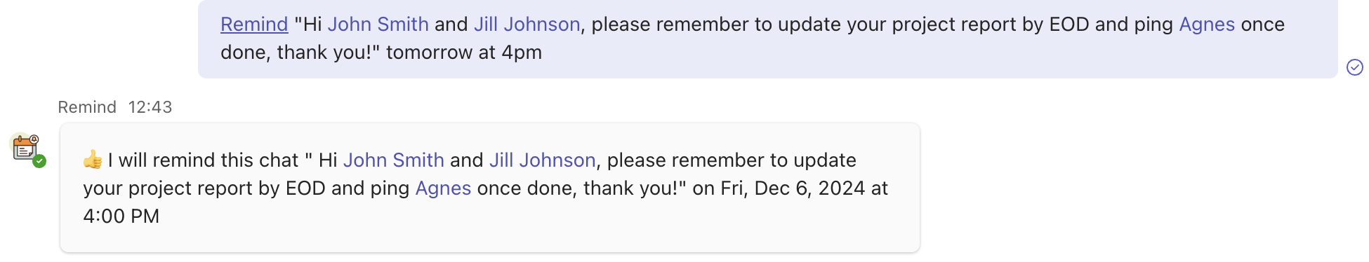 Remind other users by @mentioning them in the reminder text