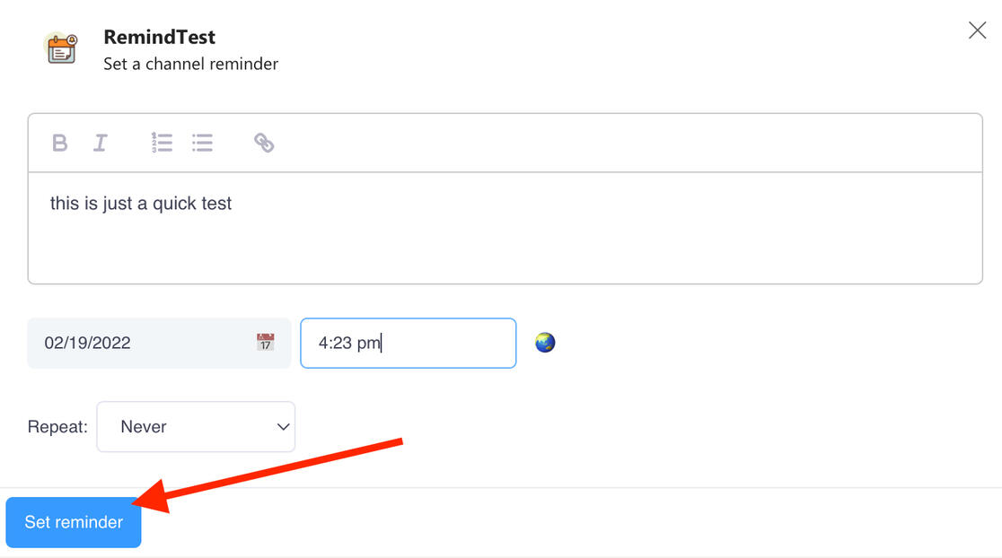 Set a test reminder in the private channel